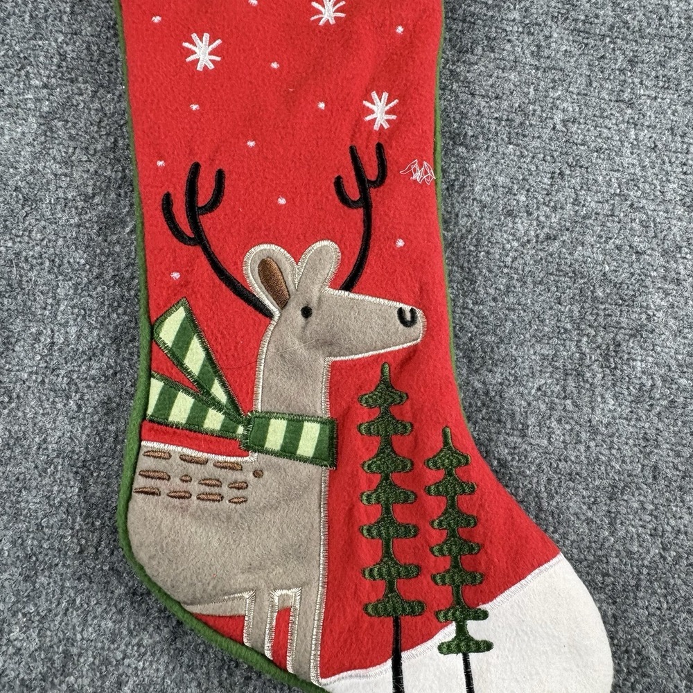 Christmas Reindeer Stocking Red Green Fleece Embroidered Holiday Decor Farmhouse